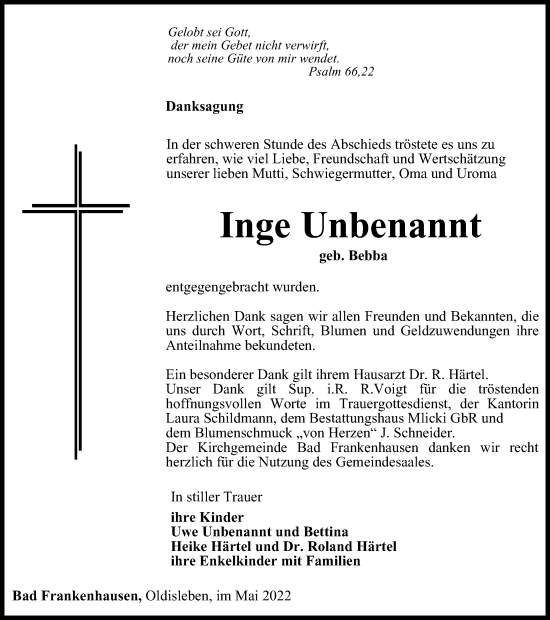 Traueranzeige von Inge Unbenannt von Thüringer Allgemeine