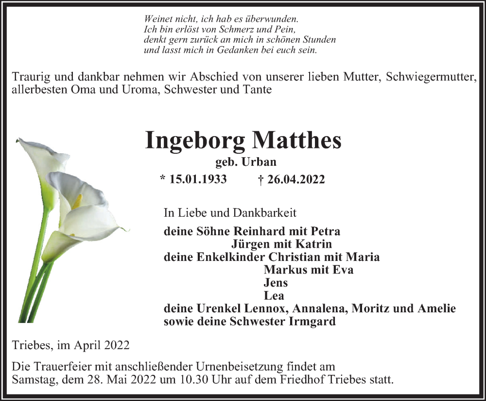  Traueranzeige für Ingeborg Matthes vom 07.05.2022 aus Ostthüringer Zeitung