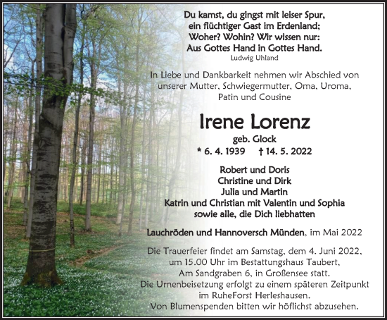 Traueranzeige von Irene Lorenz von Thüringer Allgemeine, Thüringische Landeszeitung