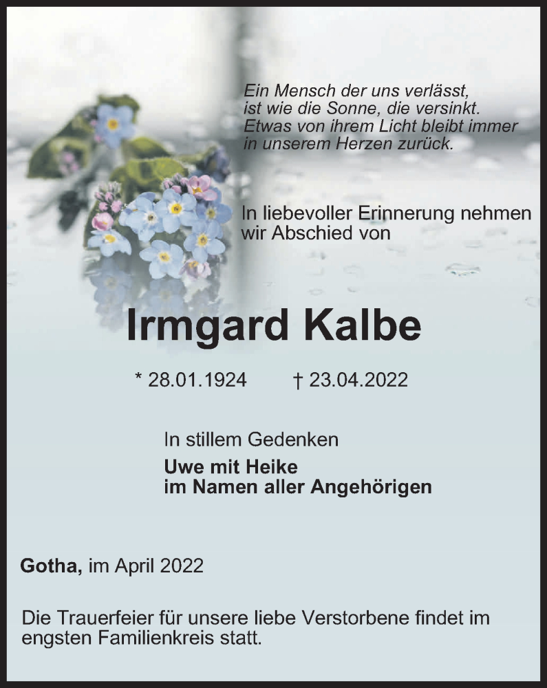  Traueranzeige für Irmgard Kalbe vom 07.05.2022 aus Thüringer Allgemeine, Thüringische Landeszeitung