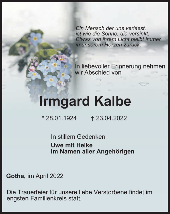Traueranzeige von Irmgard Kalbe von Thüringer Allgemeine, Thüringische Landeszeitung