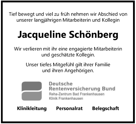 Traueranzeige von Jacqueline Schönberg