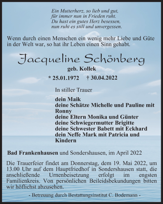 Traueranzeige von Jacqueline Schönberg