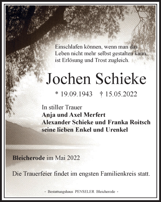 Traueranzeige von Jochen Schieke von Thüringer Allgemeine