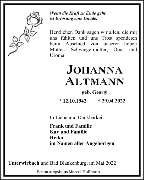 Traueranzeige von Johanna Altmann von Ostthüringer Zeitung