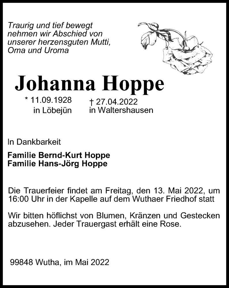  Traueranzeige für Johanna Hoppe vom 07.05.2022 aus Thüringer Allgemeine, Thüringische Landeszeitung