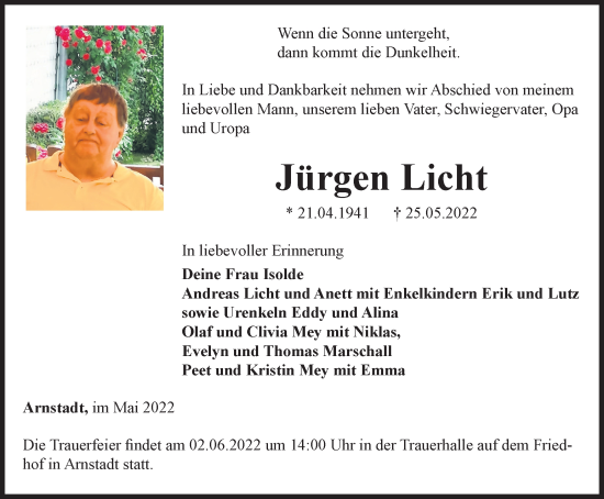 Traueranzeige von Jürgen Licht von Thüringer Allgemeine