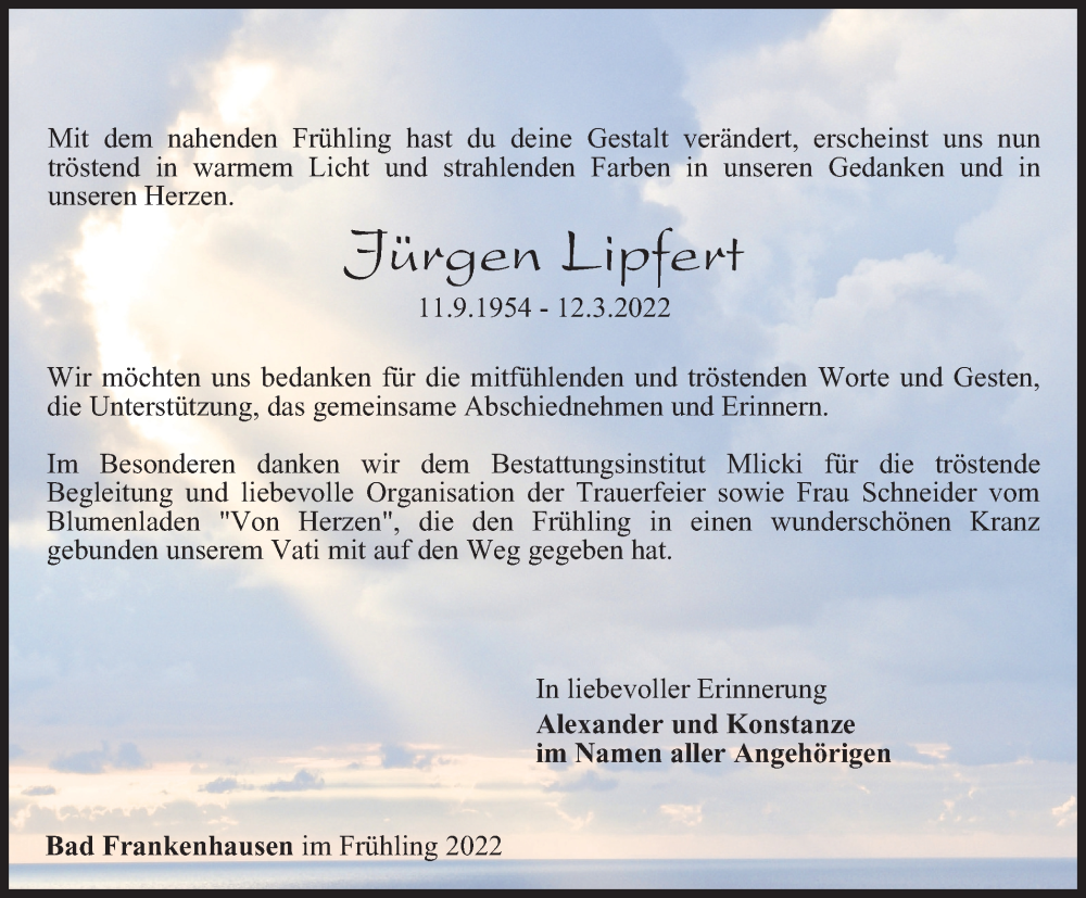  Traueranzeige für Jürgen Lipfert vom 07.05.2022 aus Thüringer Allgemeine