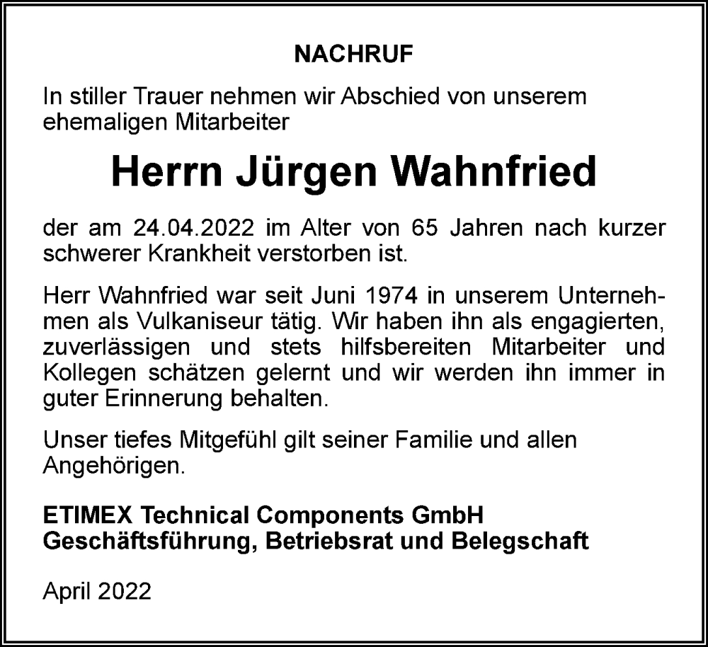  Traueranzeige für Jürgen Wahnfried vom 07.05.2022 aus Thüringer Allgemeine, Thüringische Landeszeitung
