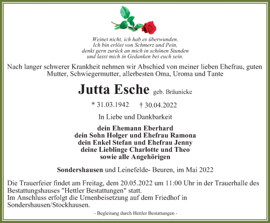 Traueranzeige von Jutta Esche von Thüringer Allgemeine