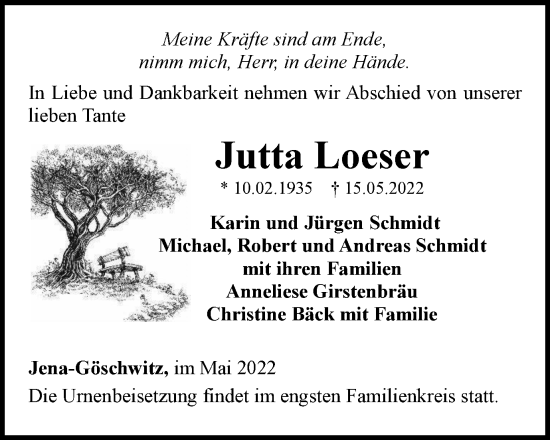 Traueranzeige von Jutta Loeser von Ostthüringer Zeitung, Thüringische Landeszeitung