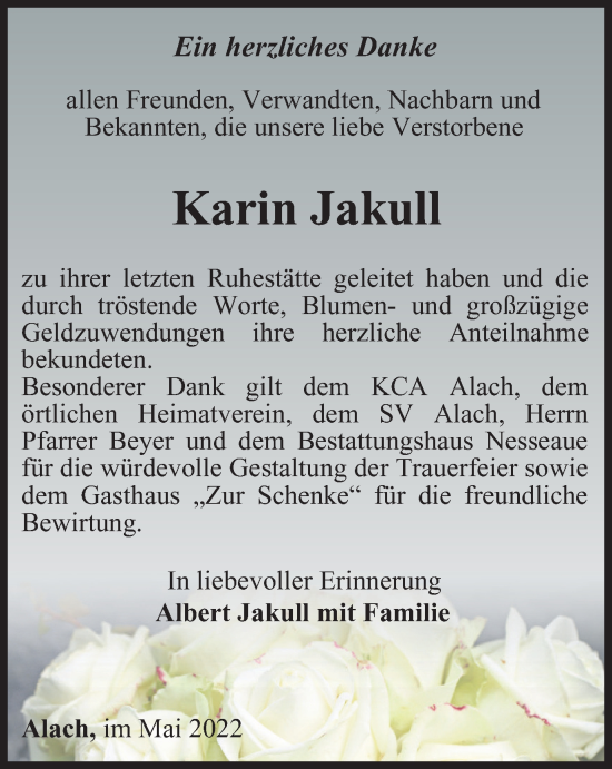 Traueranzeige von Karin Jakull von Thüringer Allgemeine, Thüringische Landeszeitung