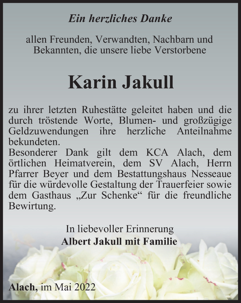  Traueranzeige für Karin Jakull vom 21.05.2022 aus Thüringer Allgemeine, Thüringische Landeszeitung