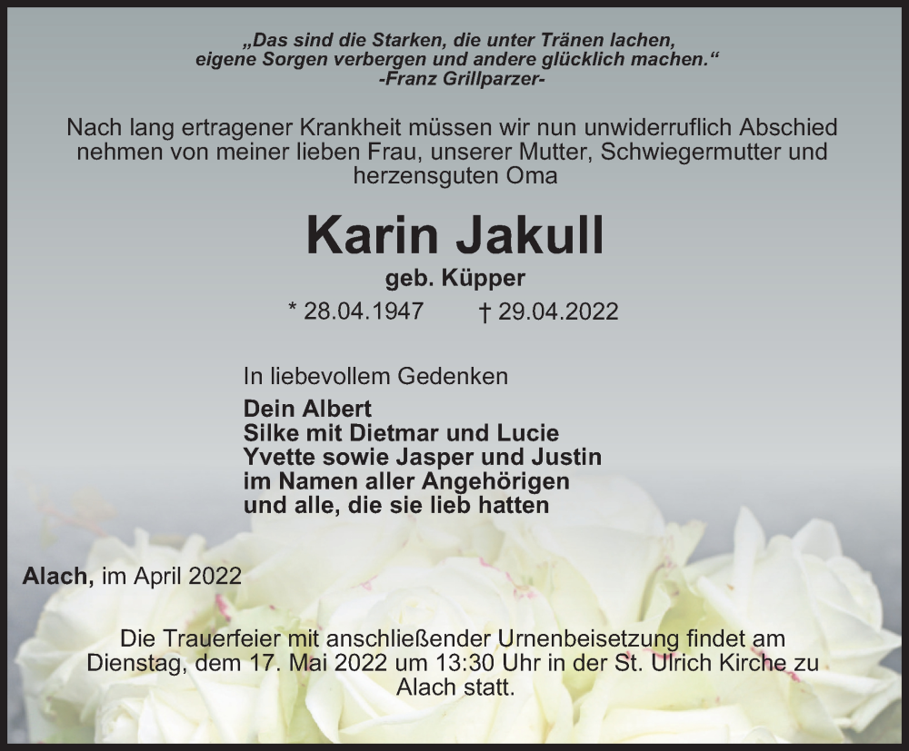  Traueranzeige für Karin Jakull vom 07.05.2022 aus Thüringer Allgemeine, Thüringische Landeszeitung
