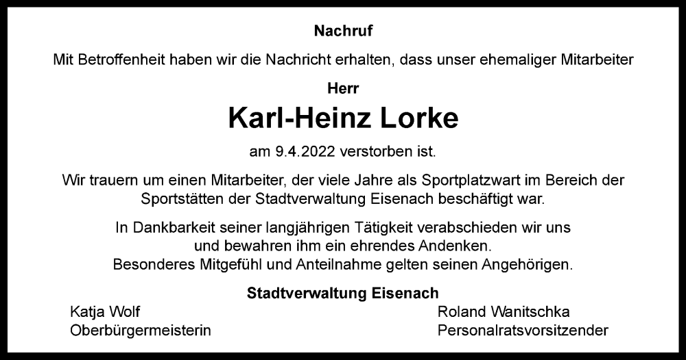  Traueranzeige für Karl-Heinz Lorke vom 07.05.2022 aus Thüringer Allgemeine, Thüringische Landeszeitung