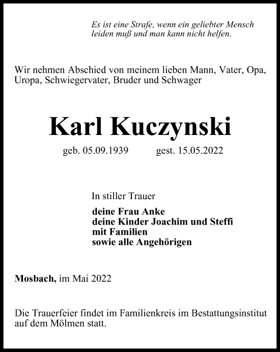Traueranzeige von Karl Kuczynski von Thüringer Allgemeine, Thüringische Landeszeitung