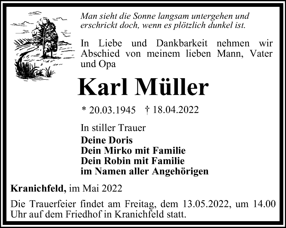  Traueranzeige für Karl Müller vom 07.05.2022 aus Thüringer Allgemeine, Thüringische Landeszeitung