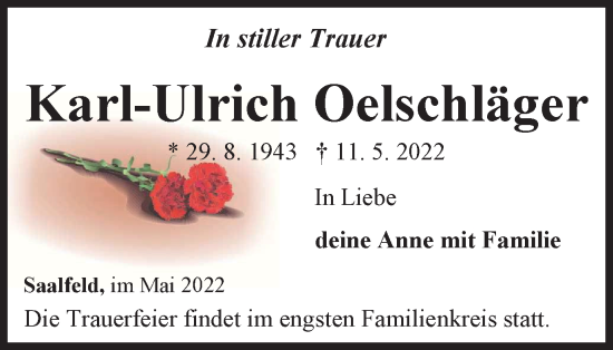 Traueranzeige von Karl-Ulrich Oelschläger von Ostthüringer Zeitung