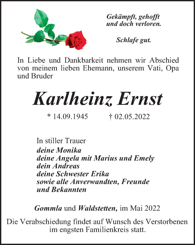  Traueranzeige für Karlheinz Ernst vom 06.05.2022 aus Ostthüringer Zeitung