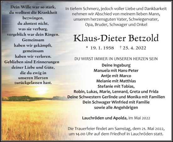 Traueranzeige von Klaus-Dieter Betzold von Thüringer Allgemeine, Thüringische Landeszeitung