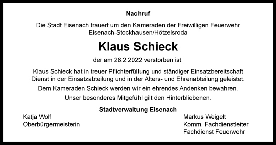 Traueranzeige von Klaus Schieck von Thüringer Allgemeine, Thüringische Landeszeitung