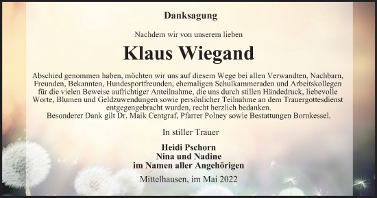 Traueranzeige von Klaus Wiegand von Thüringer Allgemeine, Thüringische Landeszeitung