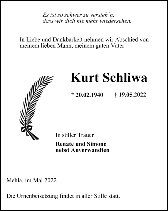 Traueranzeige von Kurt Schliwa von Ostthüringer Zeitung