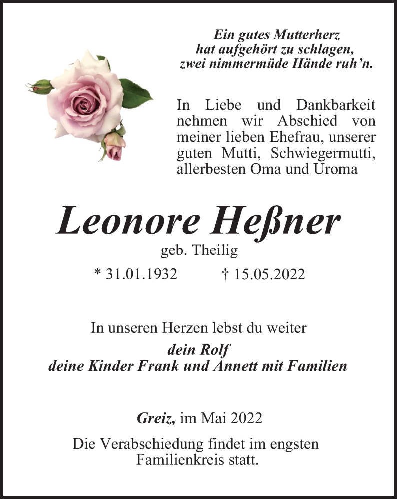  Traueranzeige für Leonore Heßner vom 20.05.2022 aus Ostthüringer Zeitung