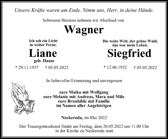 Traueranzeige von Liane und Siegfried Wagner von Ostthüringer Zeitung