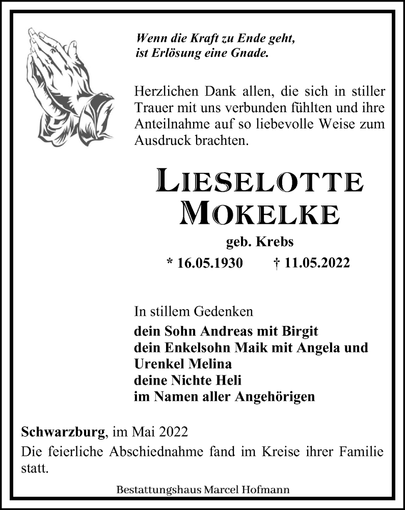  Traueranzeige für Lieselotte Mokeleke vom 28.05.2022 aus Ostthüringer Zeitung