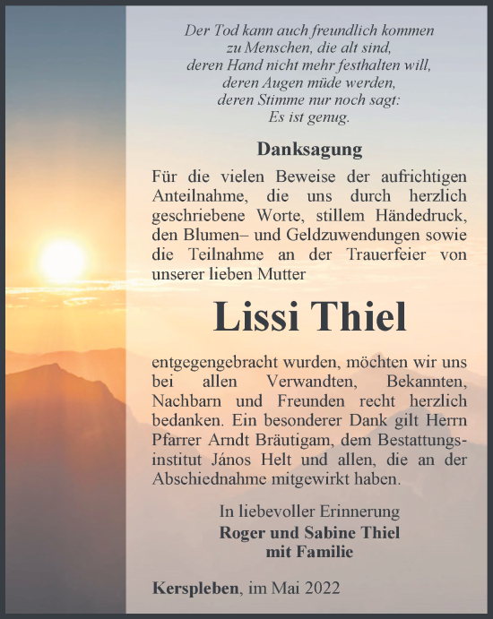 Traueranzeige von Lissi Thiel von Thüringer Allgemeine, Thüringische Landeszeitung