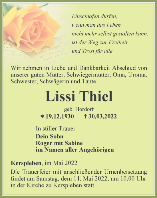 Traueranzeige von Lissi Thiel von Thüringer Allgemeine, Thüringische Landeszeitung