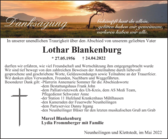 Traueranzeige von Lothar Blankenburg von Thüringer Allgemeine, Thüringische Landeszeitung