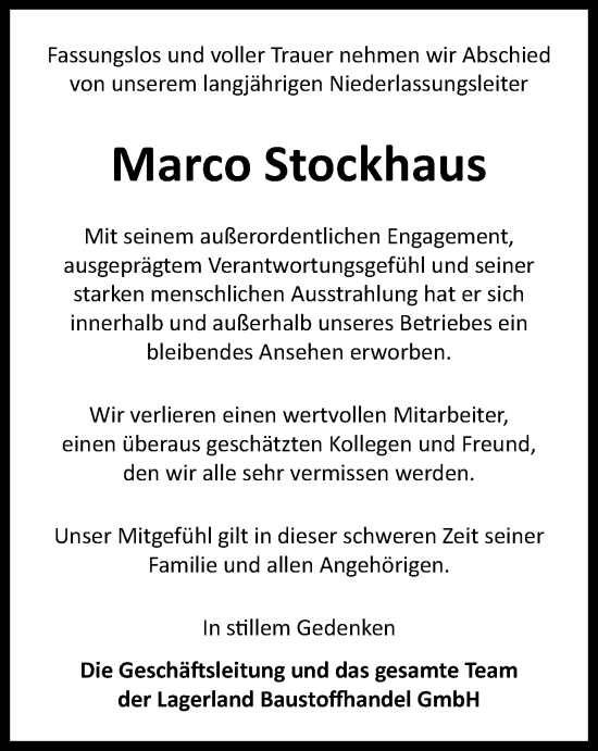 Traueranzeige von Marco Stockhaus