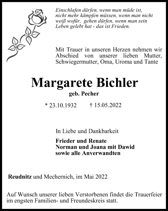 Traueranzeige von Margarete Bichler von Ostthüringer Zeitung