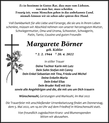 Traueranzeige von Margarete Börner von Thüringer Allgemeine, Thüringische Landeszeitung