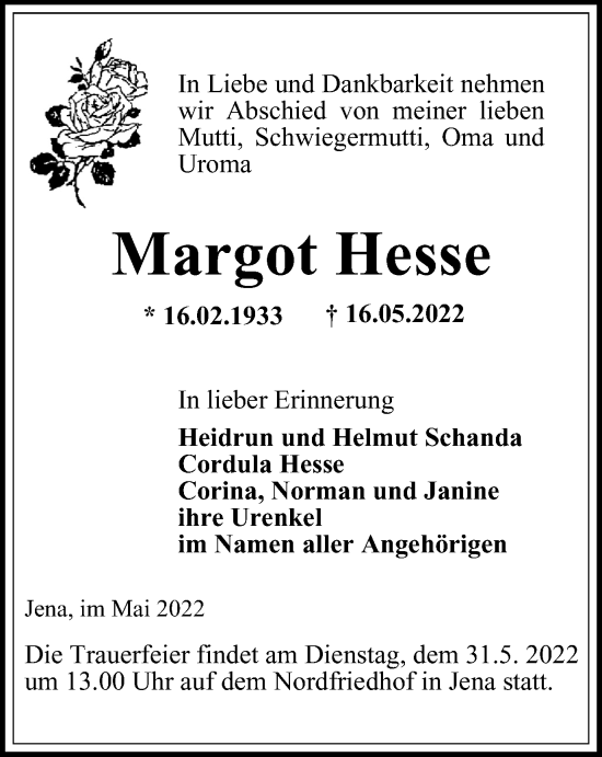 Traueranzeige von Margot Hesse von Ostthüringer Zeitung, Thüringische Landeszeitung