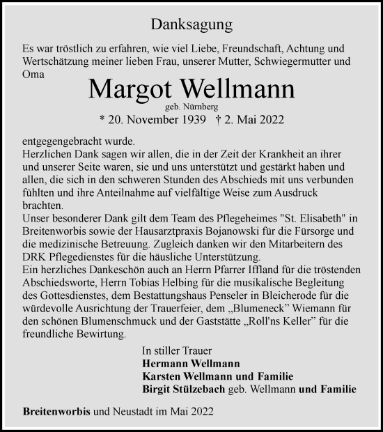 Traueranzeige von Margot Wellmann von Thüringer Allgemeine