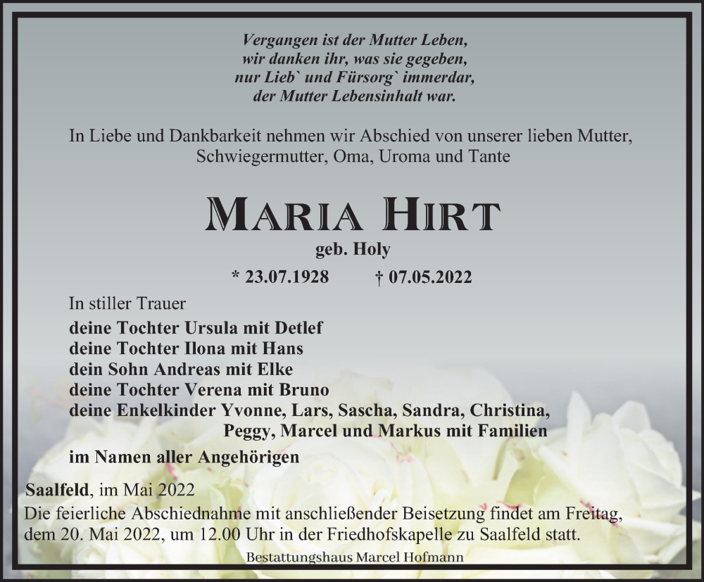  Traueranzeige für Maria Hirt vom 14.05.2022 aus Ostthüringer Zeitung