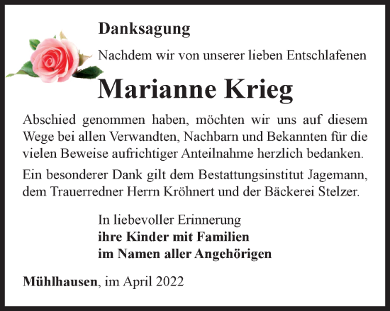 Traueranzeige von Marianne Krieg von Thüringer Allgemeine, Thüringische Landeszeitung