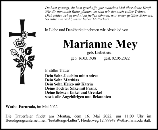 Traueranzeige von Marianne Mey von Thüringer Allgemeine, Thüringische Landeszeitung