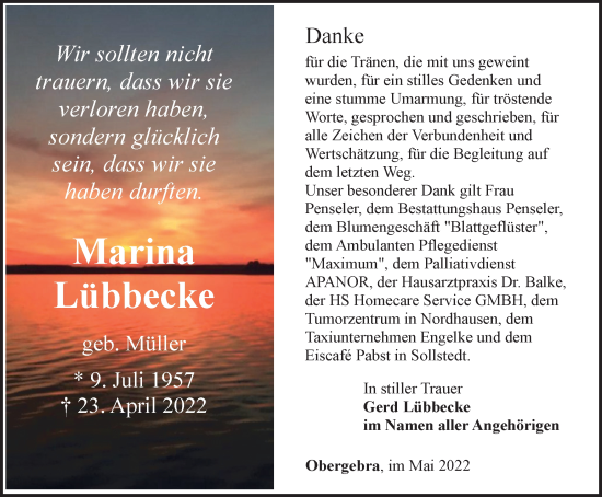 Traueranzeige von Marina Lübbecke von Thüringer Allgemeine