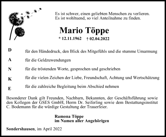 Traueranzeige von Mario Töppe