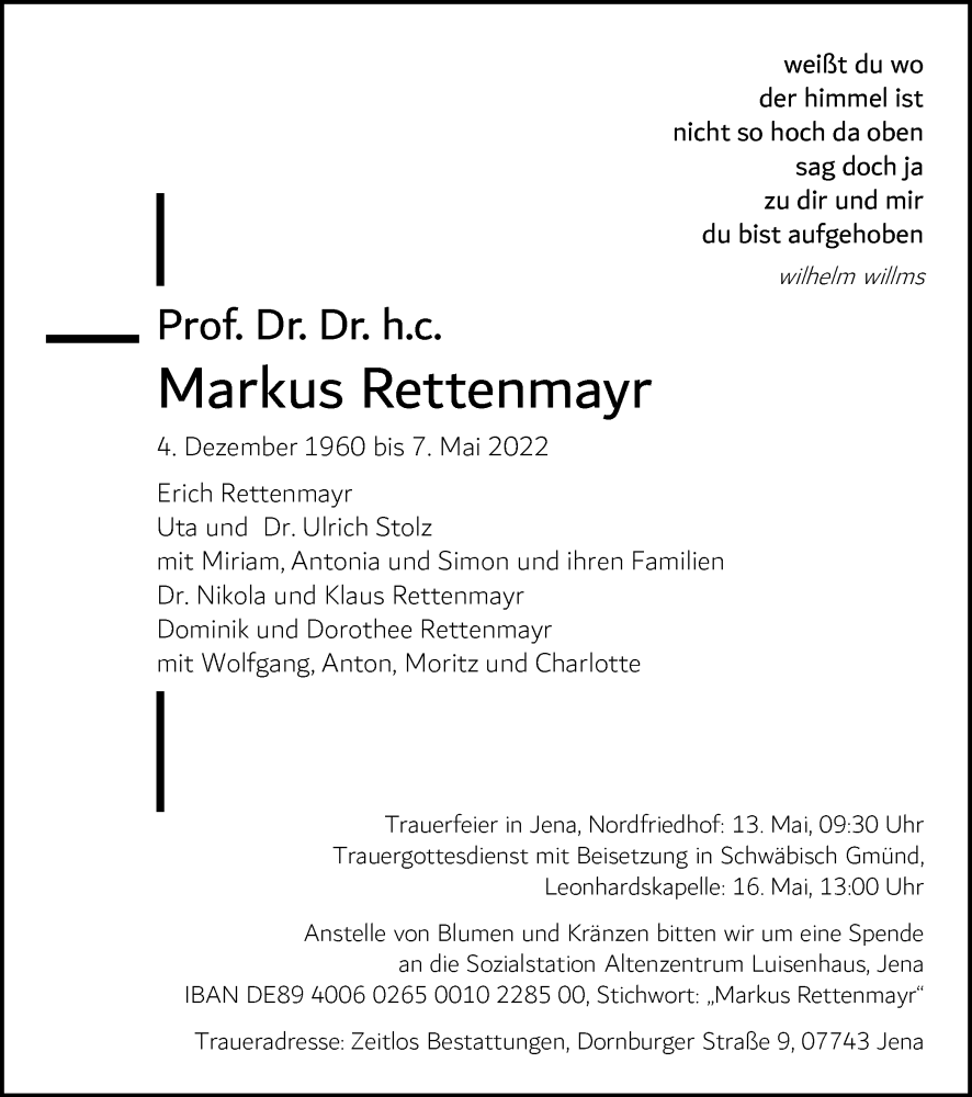  Traueranzeige für Markus Rettenmayr vom 11.05.2022 aus Ostthüringer Zeitung, Thüringische Landeszeitung