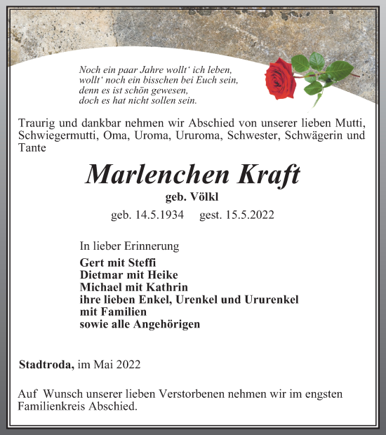 Traueranzeige von Marlenchen Kraft von Ostthüringer Zeitung