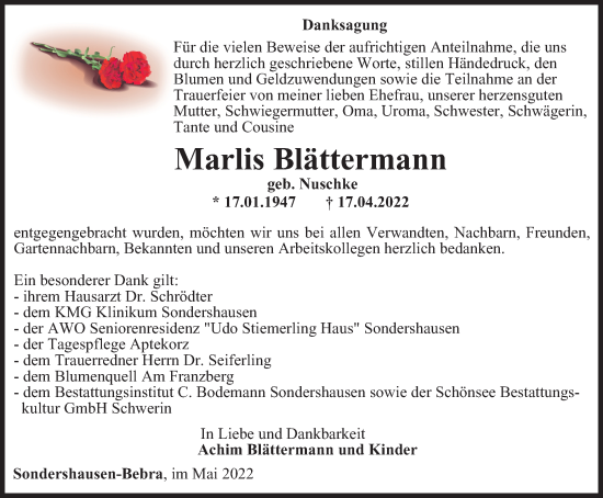 Traueranzeige von Marlis Blättermann