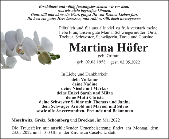 Traueranzeige von Martina Höfer von Ostthüringer Zeitung