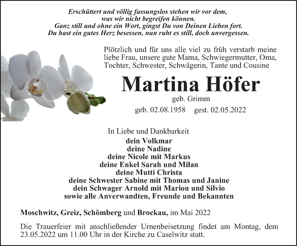  Traueranzeige für Martina Höfer vom 06.05.2022 aus Ostthüringer Zeitung