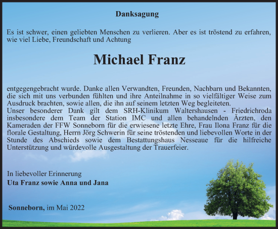 Traueranzeige von Michael Franz von Thüringer Allgemeine, Thüringische Landeszeitung