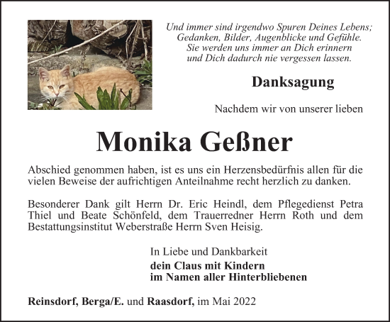 Traueranzeige von Monika Geßner von Ostthüringer Zeitung